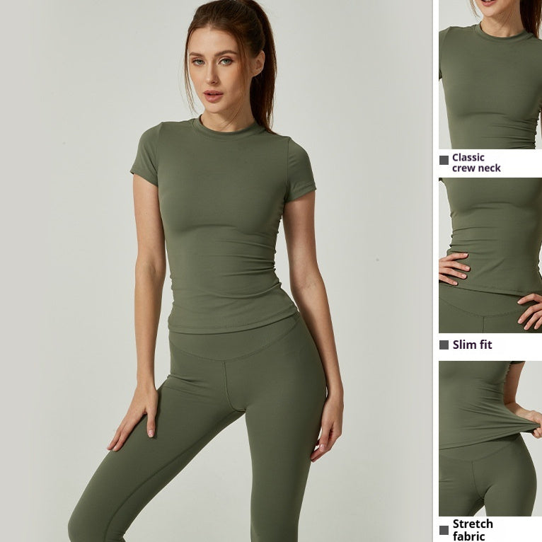 Yoga Clothes Women's Two-piece Round Neck Short Sleeve Tight Trousers