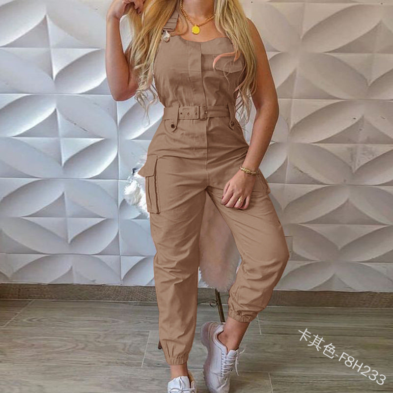 Women's Fashion  Clothes Jumpsuit Belt Sleeveless