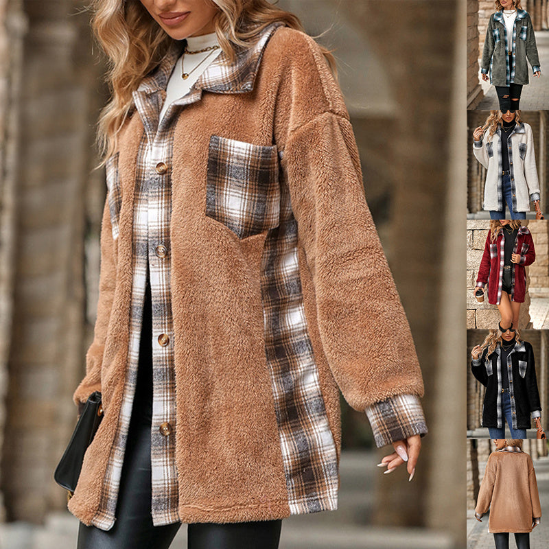 Plaid Woolen Coat with Lapel – Fashionable Single-Breasted Mid-Length Coat for Women