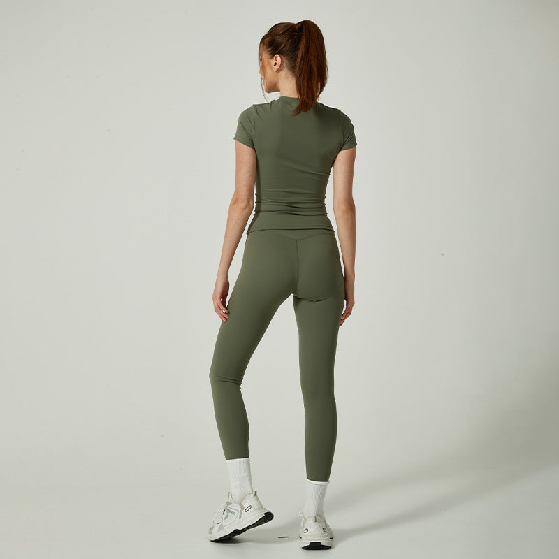 Yoga Clothes Women's Two-piece Round Neck Short Sleeve Tight Trousers
