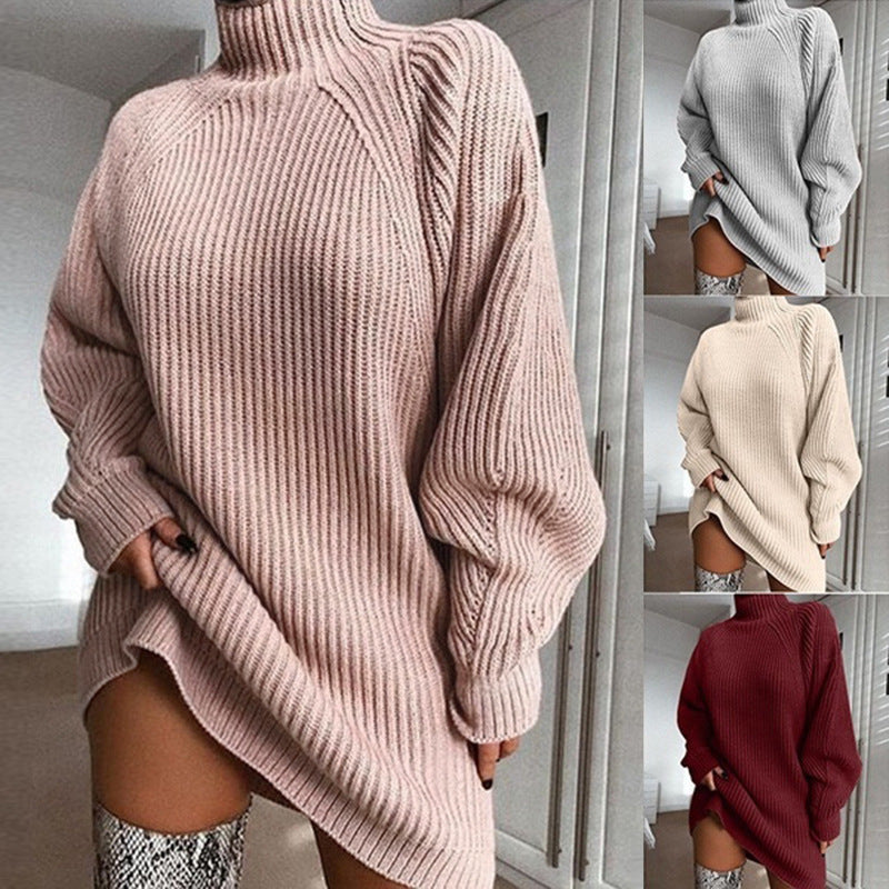 Solid Turtleneck Long Sweater Dress - Warm Winter Women's Knitwear