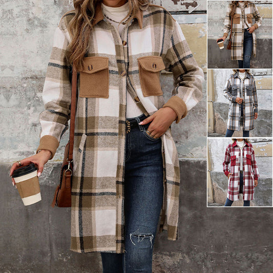 New Brushed Plaid Long Coat with Pockets – Fashionable Winter Jacket for Women