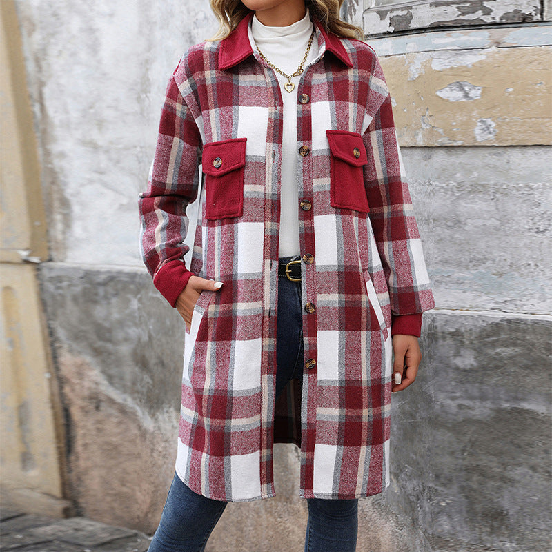 New Brushed Plaid Long Coat with Pockets – Fashionable Winter Jacket for Women