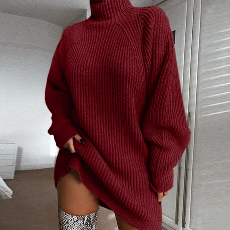 Solid Turtleneck Long Sweater Dress - Warm Winter Women's Knitwear