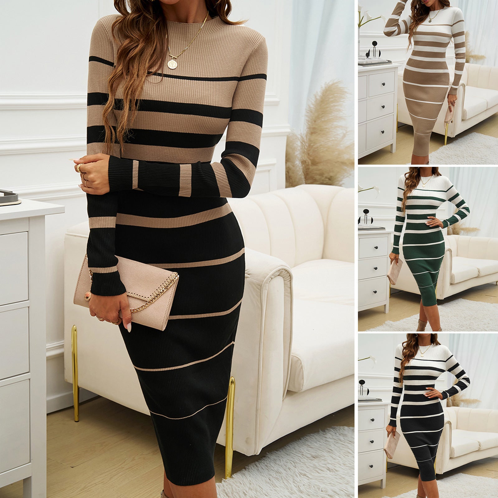 European and American Slim-Fit Contrast Color Long Sleeve Dress for Autumn and Winter