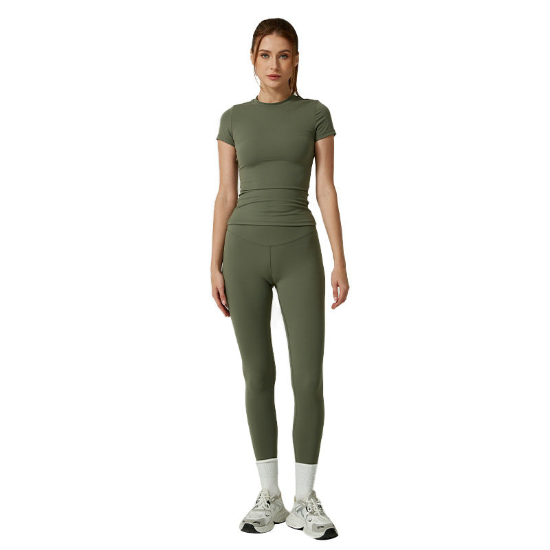 Yoga Clothes Women's Two-piece Round Neck Short Sleeve Tight Trousers