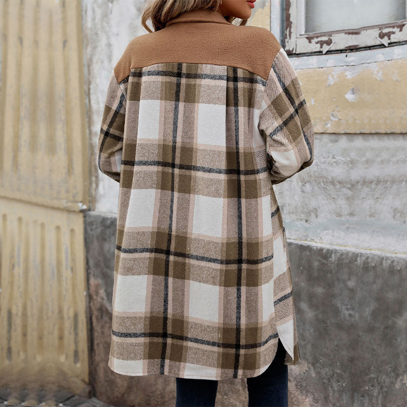 New Brushed Plaid Long Coat with Pockets – Fashionable Winter Jacket for Women