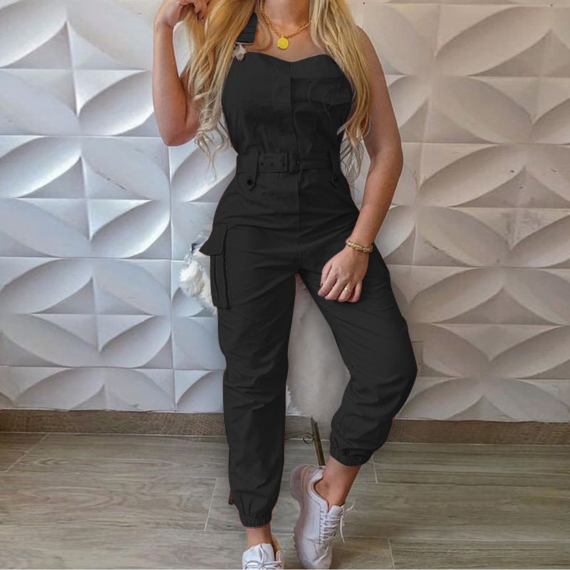 Women's Fashion  Clothes Jumpsuit Belt Sleeveless