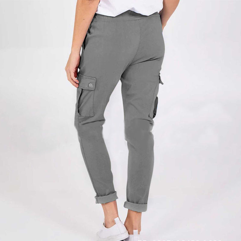 Pantalon cargo décontracté avec poches, couleur unie, taille à cordon de serrage, pantalon à pince pour femmes.