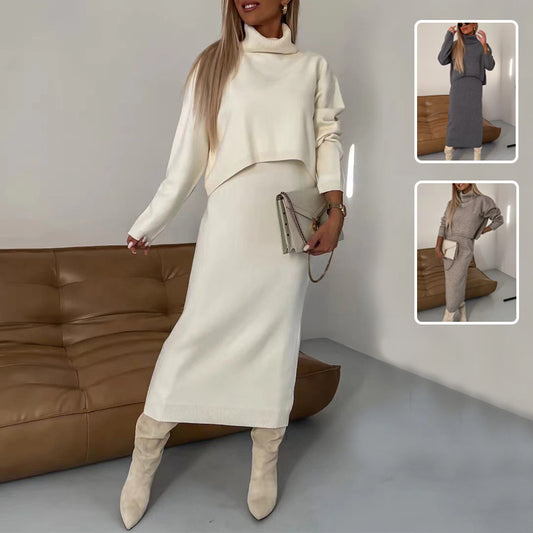 2-Piece Winter Sweater Set: Turtleneck Pullover & Sleeveless Long Dress for Women