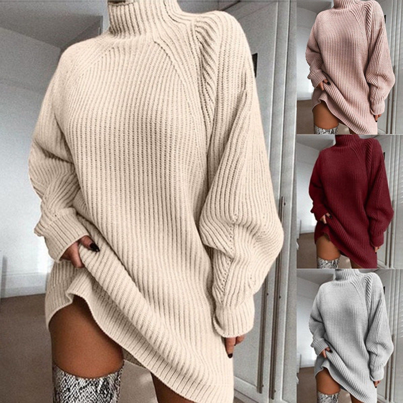 Solid Turtleneck Long Sweater Dress - Warm Winter Women's Knitwear