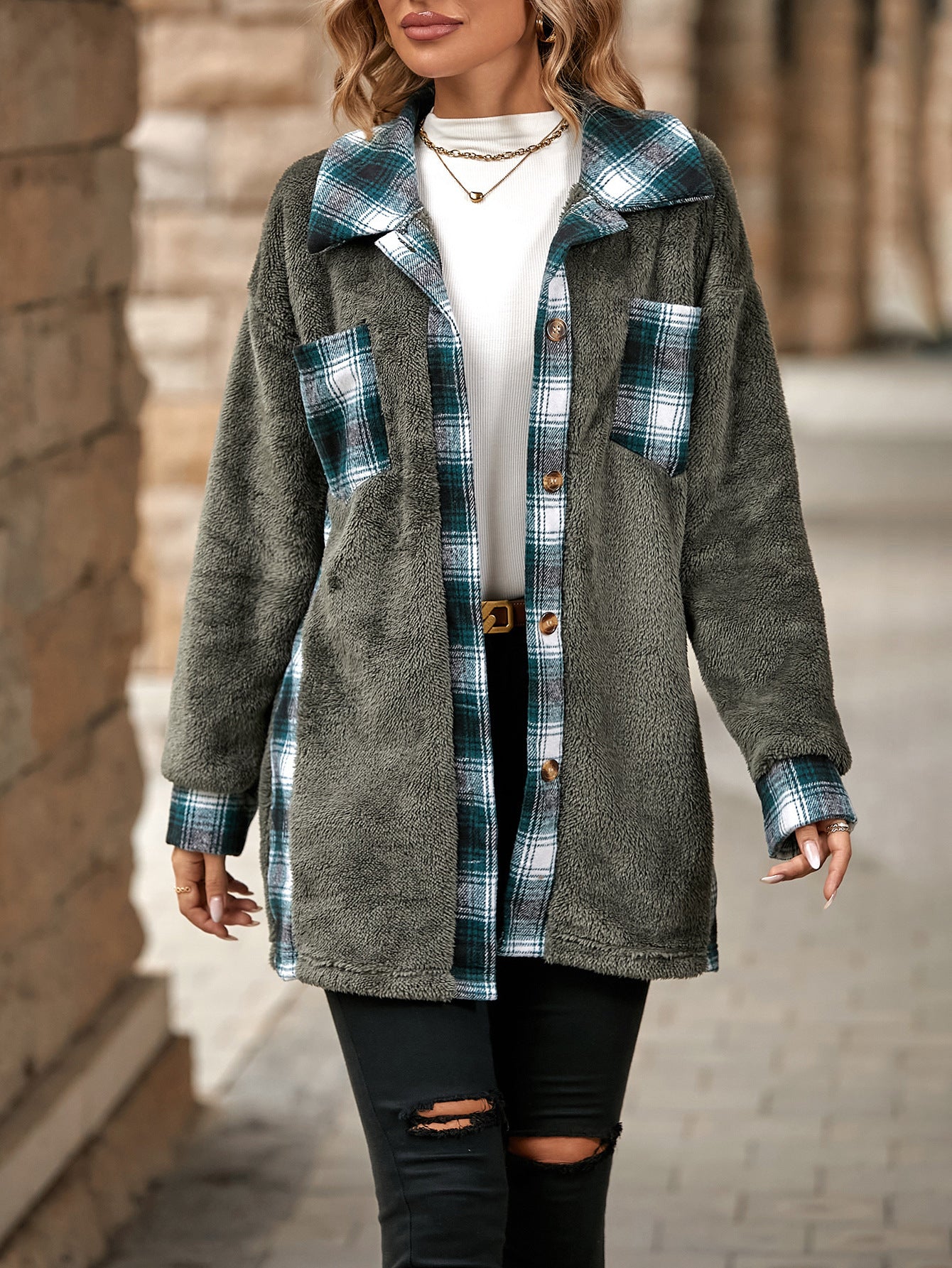 Plaid Woolen Coat with Lapel – Fashionable Single-Breasted Mid-Length Coat for Women