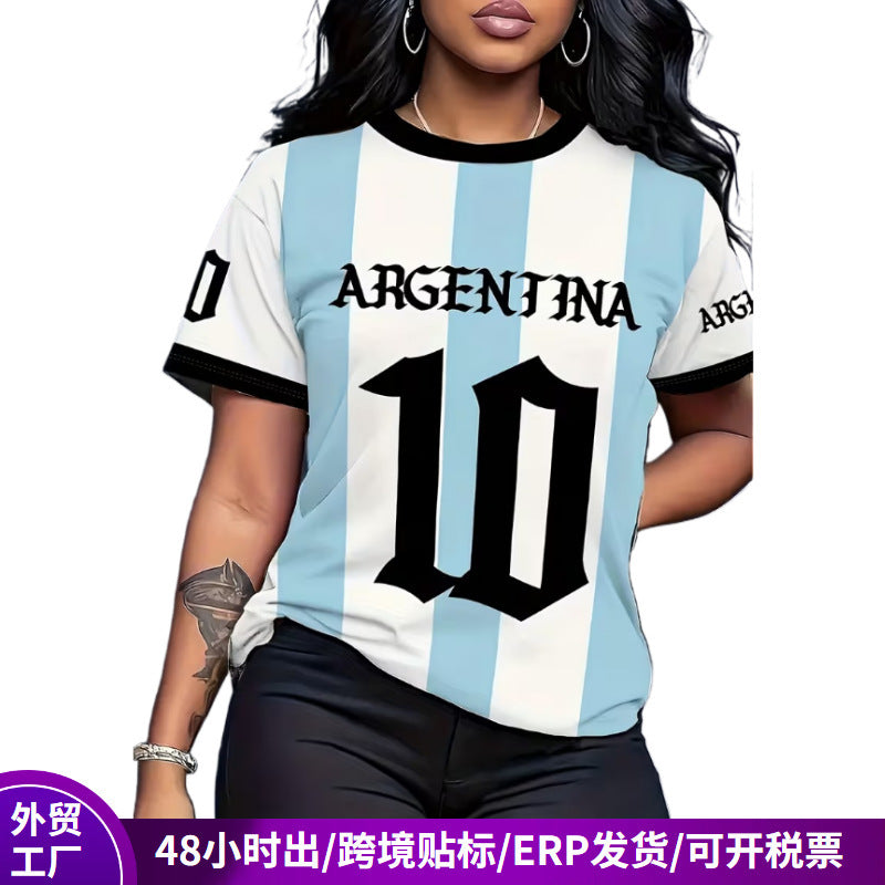 2026 Summer World Cup Argentina No. 10 3D Print Crew Neck Short Sleeve Sports T-Shirt Team Women's Clothing