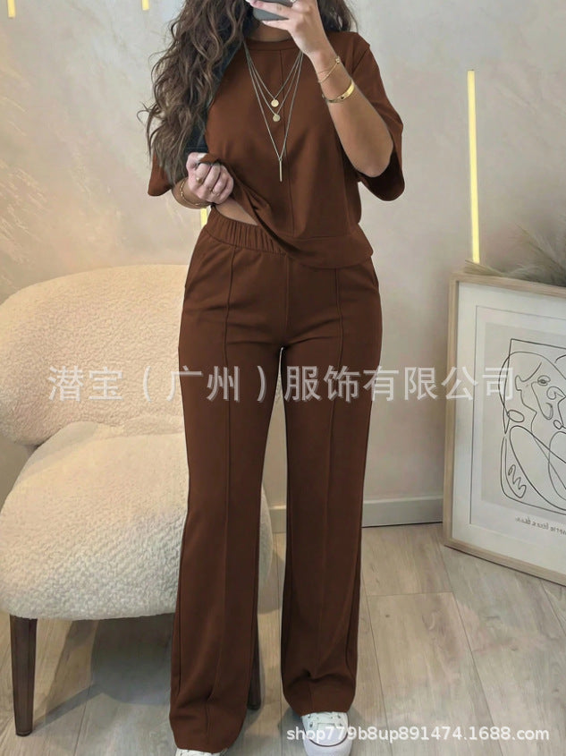 New cross-border foreign trade European and beautiful clothing fashion casual and comfortable solid color short-sleeved top elasticated waist pocket pants set