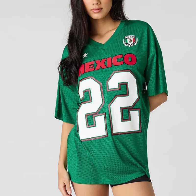 2026 Summer Women's Short Sleeve Top Mexican Flag Monogram Print Green Top World Cup Jersey