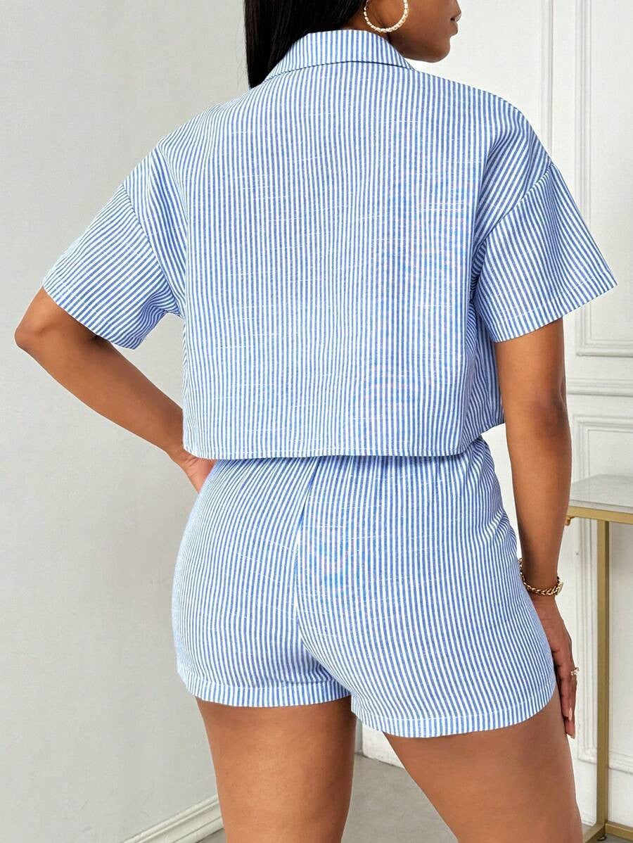 Cross-border, European and American summer new fashion women's fashion trend lapels casual striped shirts short-sleeved shorts two-piece women's set