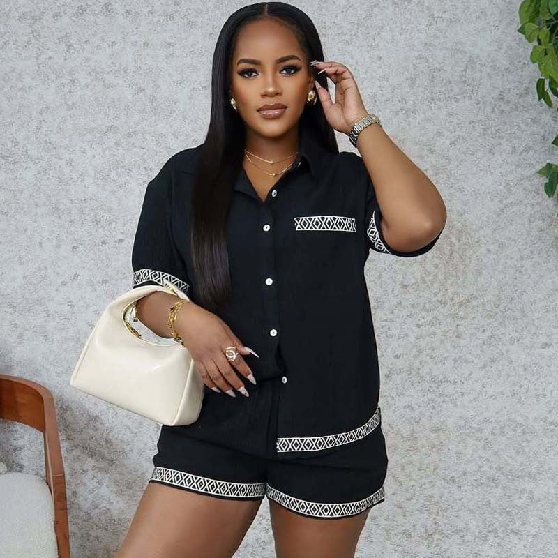 amazon foreign trade african women's suit contrast lapel short-sleeved shirt casual shorts european and american summer two-piece set