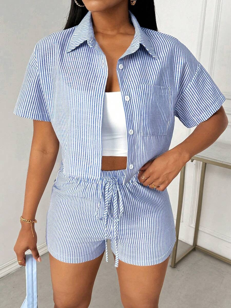 Cross-border, European and American summer new fashion women's fashion trend lapels casual striped shirts short-sleeved shorts two-piece women's set