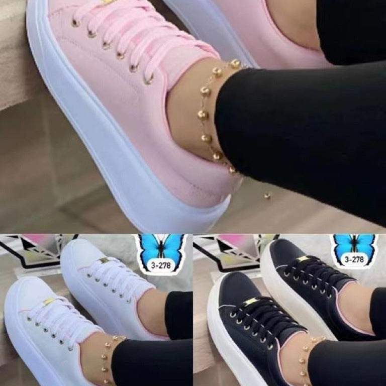 Round Head Thick Bottom Solid Color Lace-up Women's Shoes