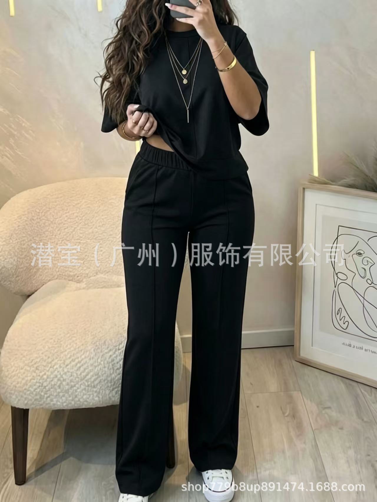 New cross-border foreign trade European and beautiful clothing fashion casual and comfortable solid color short-sleeved top elasticated waist pocket pants set