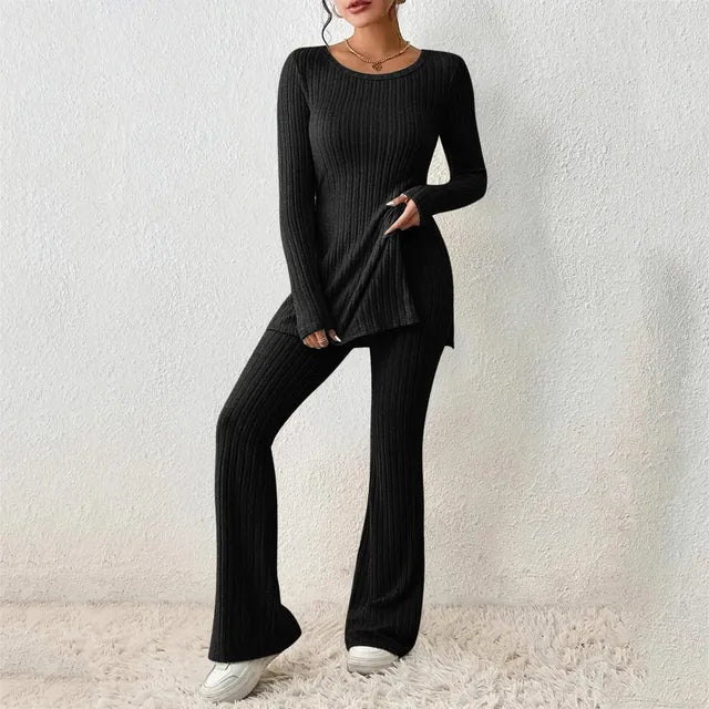 Autumn New Women Knit Two Piece Sets Solid Color Sexy Slit Casual Slim Suit Long Sleeve O-neck Tops+Pants Set Fashion Streetwear