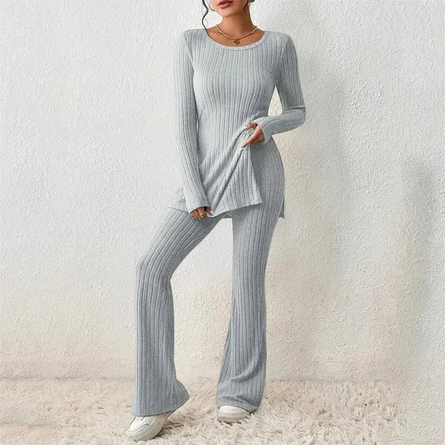 Autumn New Women Knit Two Piece Sets Solid Color Sexy Slit Casual Slim Suit Long Sleeve O-neck Tops+Pants Set Fashion Streetwear