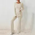 Autumn New Women Knit Two Piece Sets Solid Color Sexy Slit Casual Slim Suit Long Sleeve O-neck Tops+Pants Set Fashion Streetwear