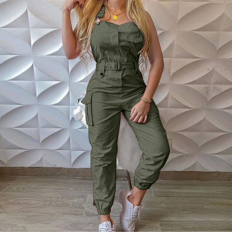 Women's Fashion  Clothes Jumpsuit Belt Sleeveless