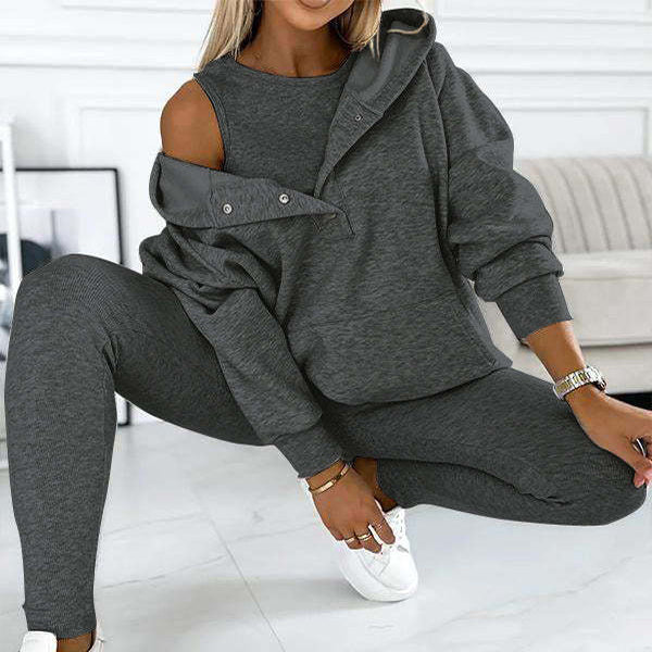 3-Piece Women's Sports Set: Hooded Sweatshirt, Vest, and Slim-Fit Trousers