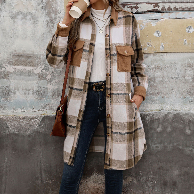 New Brushed Plaid Long Coat with Pockets – Fashionable Winter Jacket for Women