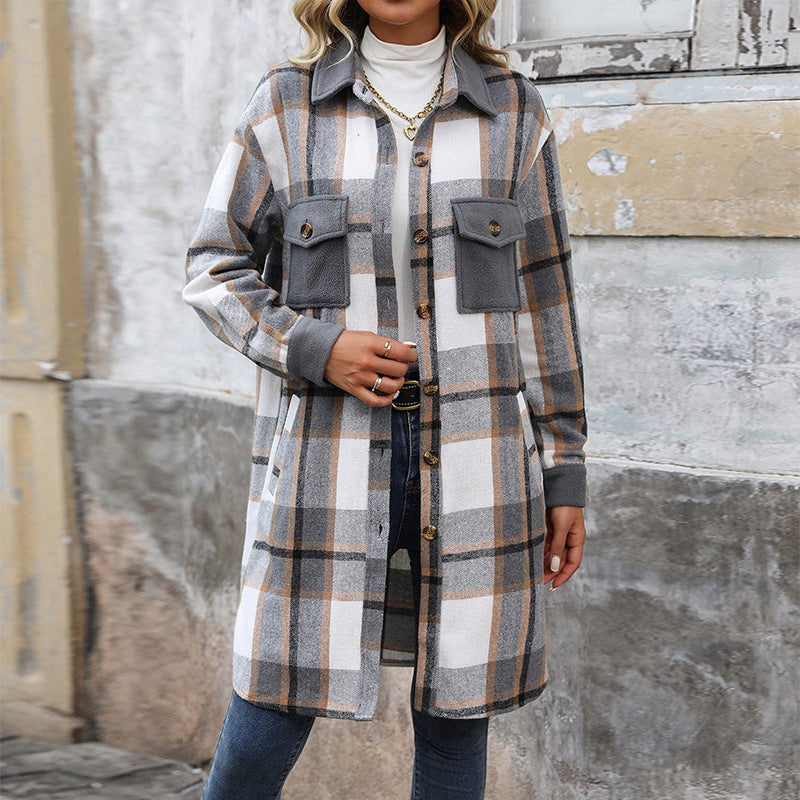 New Brushed Plaid Long Coat with Pockets – Fashionable Winter Jacket for Women