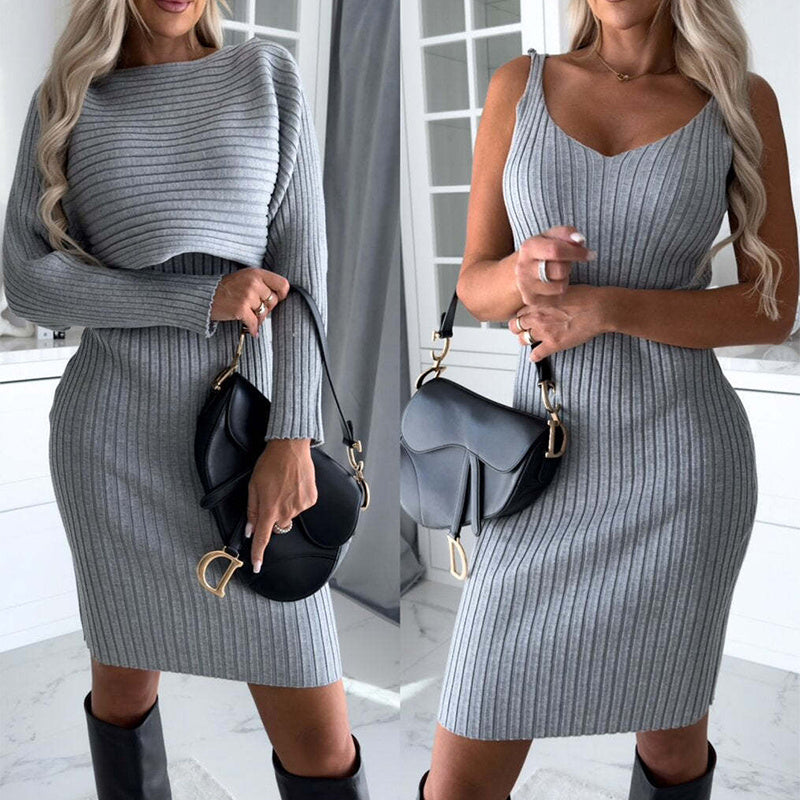 2-Piece Women's Solid Stripe Long-Sleeve Top and Suspender Skirt - Stylish Slim Fit Autumn Winter Outfit