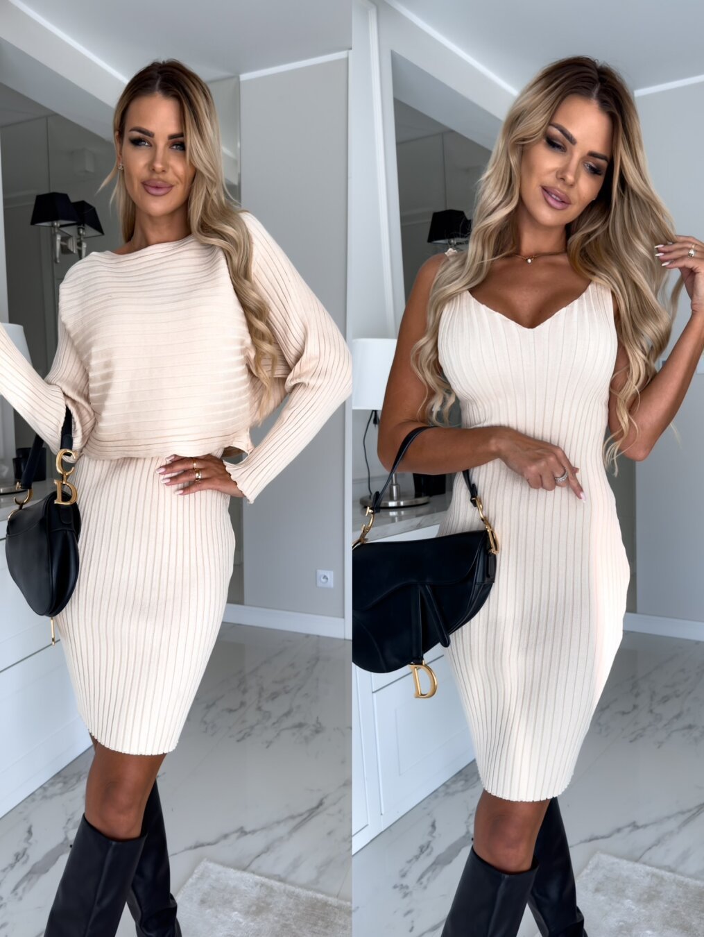 2-Piece Women's Solid Stripe Long-Sleeve Top and Suspender Skirt - Stylish Slim Fit Autumn Winter Outfit