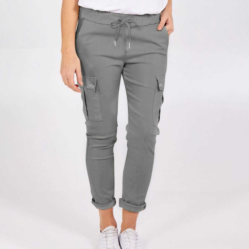 Pantalon cargo décontracté avec poches, couleur unie, taille à cordon de serrage, pantalon à pince pour femmes.